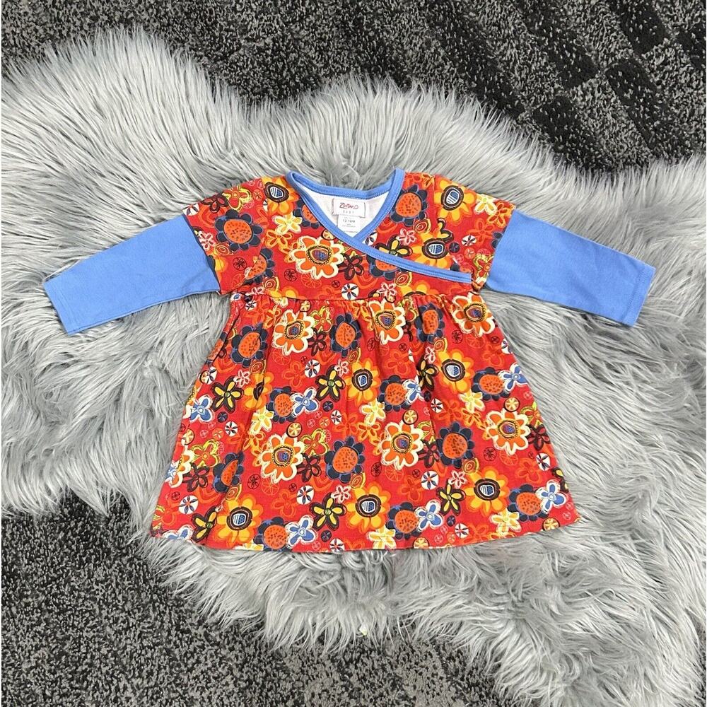 Zutano Baby Girl 12/18 Month Deep Red/Orange Floral Dress Long Sleeve Cotton
